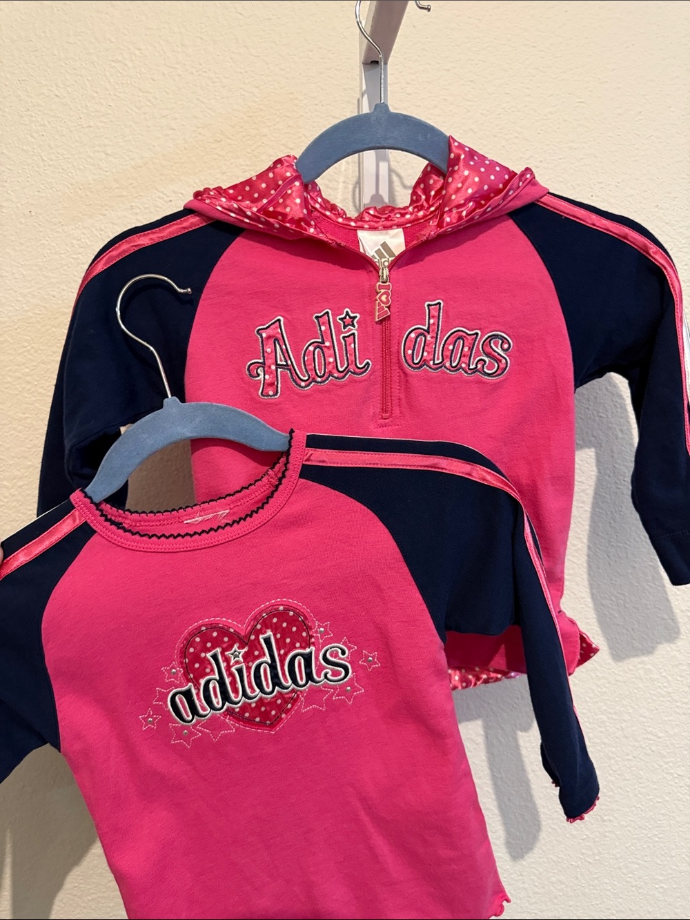 adidas Pink and Navy Long-Sleeve Hoodie & Shirt Set Satin Polka Dot